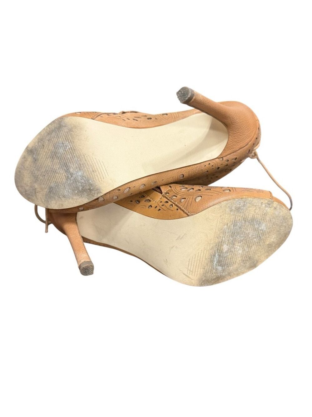 Steve Madden Women’s 8M Korsett Tan Leather Peep Toe Laser Cut Booties 5” Stilet - Picture 9 of 11